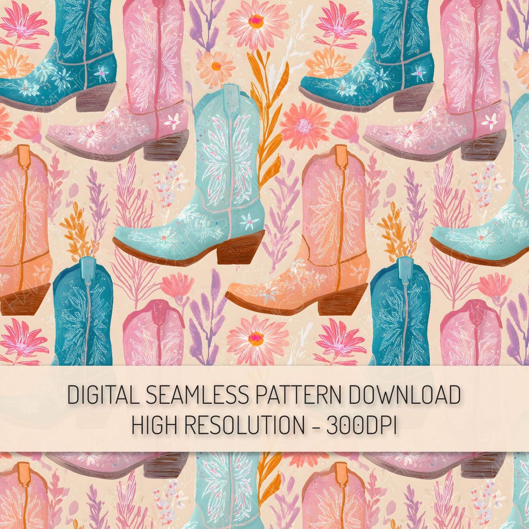 Cowgirl Boots Floral Seamless Pattern PNG Digital Download Western ...