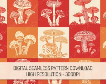 Herfst paddestoel geruit naadloos patroon PNG digitale download, schimmels herhalen patroon ontwerp, herfst clipart digitaal papier Cottagecore-patroon