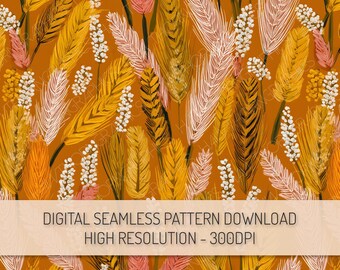 Könnte beinhalten: Digitales nahtloses Muster mit stilisierten Weizen- und Blumenelementen in Orange, Gelb, Rosa und Weiß. Der Entwurf enthält den Text "DIGITAL SEAMLESS PATTERN DOWNLOAD HIGH RESOLUTION - 300DPI". Geeignet für digitale Anwendungen.