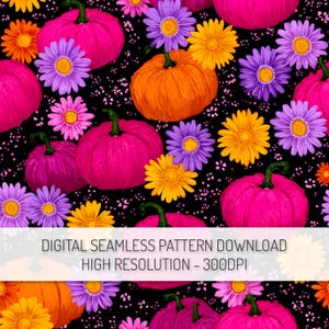 Bright Pumpkin Floral Seamless Pattern PNG Digital Download, Fall Flowers Repeat Pattern, Pink Halloween Pumpkin Clipart Digital Paper