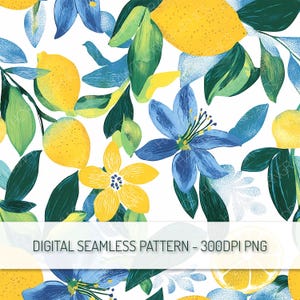May include: A seamless pattern featuring yellow lemons, blue flowers, and green leaves on a white background. The pattern is perfect for creating a summery and cheerful design.