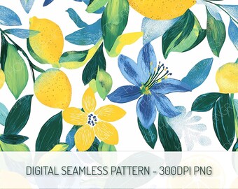 Summer Lemons Seamless Pattern PNG Digital Download, Yellow Blue Mediterranean Repeat Pattern, Summer Clipart PNG, Preppy Floral, Commercial