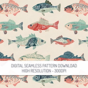 Puede incluir: Un patrón digital sin costuras con ilustraciones de peces en tonos rojos, azules y verdes sobre un fondo crema. Los peces tienen escamas y aletas detalladas, creando un diseño repetitivo. El texto "DIGITAL SEAMLESS PATTERN DOWNLOAD HIGH RESOLUTION - 300DPI" está en la parte inferior.