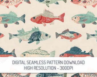 Fish Seamless Pattern PNG Digital Download, Nautical Fishing Repeat Pattern, Printable Design for Fabric, Wallpaper, Gift Wrap, Scrapbook