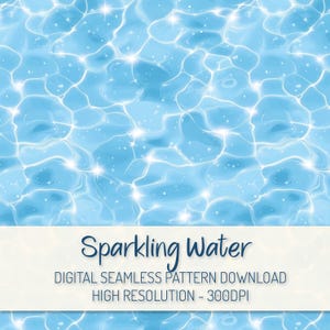 May include: Digital seamless pattern download featuring a sparkling water design. The image showcases a light blue water surface with bright white highlights and a rippling effect. The text "Sparkling Water" is displayed in a cursive font.
