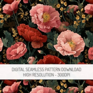 Könnte beinhalten: Digitales nahtloses Muster mit floralem Design. Es zeigt rote und rosa Mohnblumen, grüne Blätter und gelbe Akzente auf schwarzem Hintergrund. Das Bild enthält den Text "DIGITAL SEAMLESS PATTERN DOWNLOAD HIGH RESOLUTION - 300DPI".