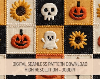 Halloween Karo Quilt Musterdesign PNG Digital Papier Download, Gruseliger Karierter Rapport Muster Halloween Geist Schädel Clipart Sublimation