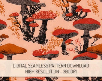 Herfst paddestoelen naadloze patroon PNG digitale download, paddenstoel schimmels herhalingspatroon ontwerp, herfst clipart digitaal papier Cottagecore-patroon