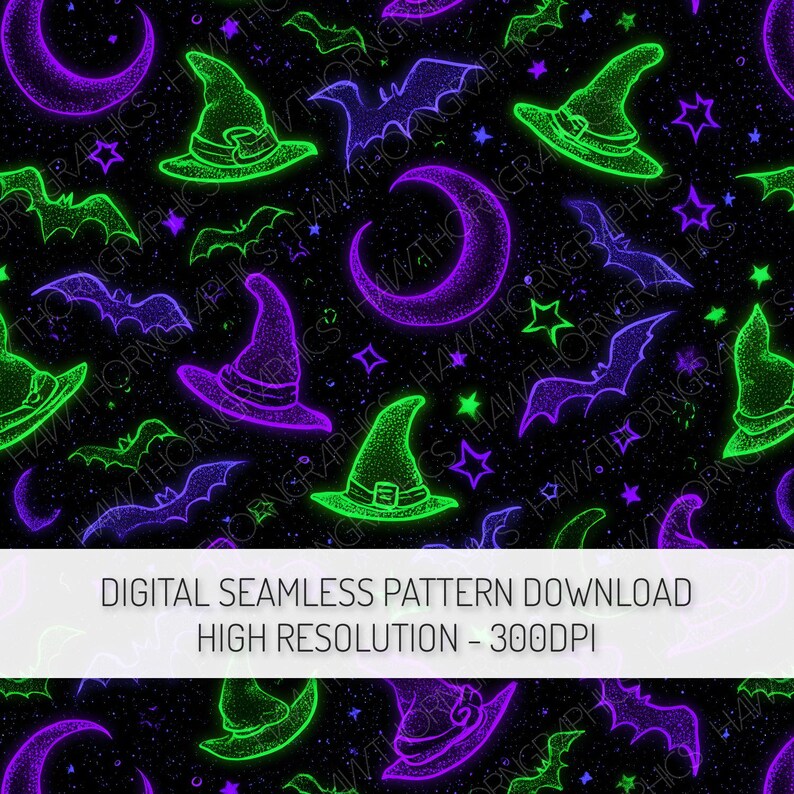 Neon Witch Hats Seamless Pattern PNG Digital Download, Bats Halloween ...