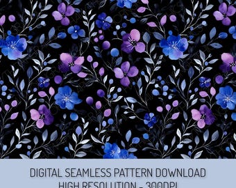 Purple Dark Floral Seamless Pattern PNG Digital Download, Elegant Vintage Floral Pattern, Watercolor Flowers Repeating Fabric Pattern
