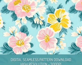 Pastel Vintage Floral Seamless Pattern PNG Digital Download, Pink Blue Floral Repeat Pattern, Flowers Digital Paper, Summer Floral Pattern