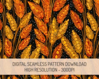 Könnte beinhalten: Ein digitales nahtloses Muster mit stilisierten Weizenähren in Orange- und Gelbtönen auf schwarzem Hintergrund mit weißen Punkten. Der Text "DIGITAL SEAMLESS PATTERN DOWNLOAD HIGH RESOLUTION - 300DPI" wird angezeigt.