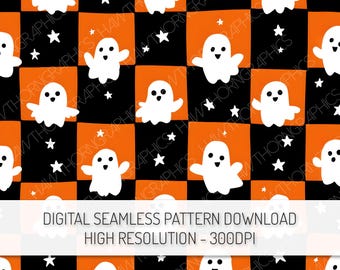 Puede incluir: Un patrón digital sin costuras con un diseño repetido de fantasmas y estrellas de dibujos animados blancos sobre un fondo a cuadros negro y naranja. El texto "DIGITAL SEAMLESS PATTERN DOWNLOAD HIGH RESOLUTION - 300DPI" está en la parte inferior.