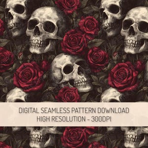 Schädel und Rosen Musterdesign PNG Digital Download, Witchy Gothic Rapportmuster, Floral Halloween Design für Sublimation Digitales Papier