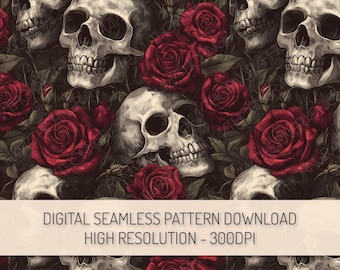 Skulls and Roses Seamless Pattern PNG Digital Download, Witchy Gothic Repeat Pattern, Floral Halloween Design for Sublimation Digital Paper