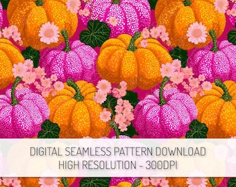 Bright Pink Pumpkin Floral Seamless Pattern PNG Digital Download, Fall Flowers Repeat Pattern, Cute Preppy Halloween Clipart Digital Paper
