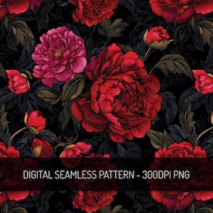 May include: A seamless pattern featuring dark red and pink peonies on a black background. The flowers are arranged in a repeating pattern, with leaves and stems filling in the spaces between them. The pattern is perfect for use in a variety of projects, such as fabric, wallpaper, and digital designs.