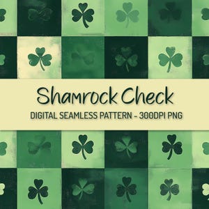 Könnte beinhalten: Ein nahtloses digitales Muster mit einem grünen Kleeblatt-Design auf einem karierten Hintergrund. Das Muster ist 300 DPI und heißt "Shamrock Check".