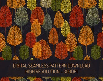 Autumn Trees Seamless Pattern PNG Digital Download, Autumn Leaves Repeat Pattern, Fall Forest Clipart Botanical Pattern Digital Paper Design