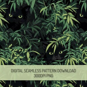 Può includere: Uno schema senza cuciture con gatti neri che spuntano da dietro un lussureggiante fogliame verde. I gatti hanno occhi verdi brillanti e sono parzialmente nascosti dalle foglie, creando un design giocoso e misterioso.