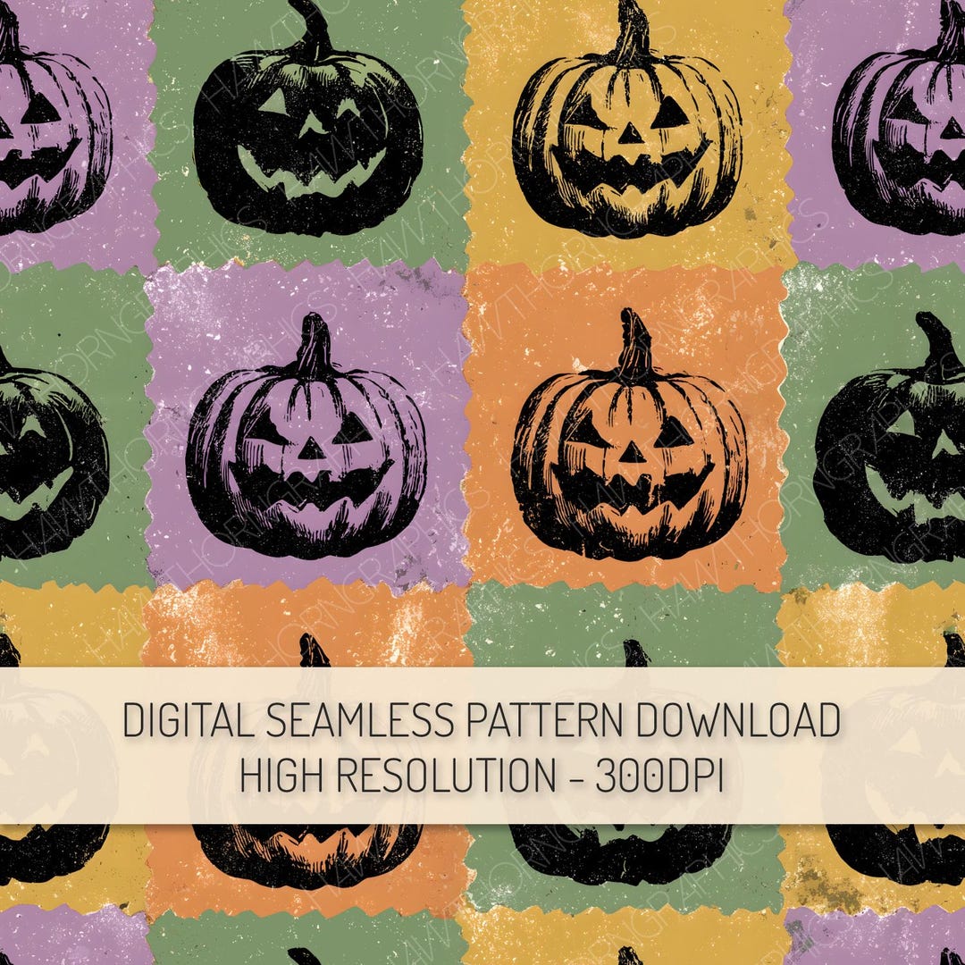 Halloween Pumpkin Seamless Pattern PNG Digital Download, Vintage Check ...