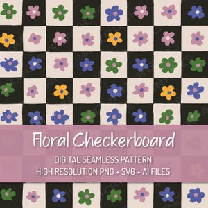 May include: A digital seamless pattern featuring a floral checkerboard design. The pattern includes colorful flowers in shades of yellow, blue, green, and purple, set against a black and cream checkerboard background. The text "Floral Checkerboard" is displayed.