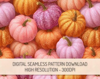 Pink Glitter Pumpkins Seamless Pattern PNG Digital Download, Fall Repeat Pattern, Halloween Pumpkin Pattern Autumn Harvest Digital Paper