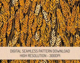 Könnte beinhalten: Digitales nahtloses Muster mit stilisierten Weizenähren in Gold- und Cremetönen vor schwarzem Hintergrund. Das Bild enthält den Text "DIGITAL SEAMLESS PATTERN DOWNLOAD HIGH RESOLUTION - 300DPI".