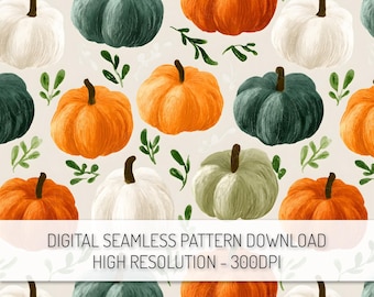 Patrón sin costuras de calabazas PNG, descarga digital, patrón de calabaza de Halloween de otoño, patrón de cosecha de otoño, diseño de tela imprimible en papel digital