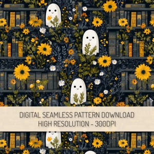 Ghost Library Seamless Pattern PNG Digital Download, Haunted Bookshelf Repeat Pattern, Cute Halloween Clipart, Bookish Floral Digital Paper
