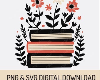 Książki kwiatowe SVG, Książka kwiatowa PNG, Miłośnik książek Projekt sublimacji, Bibliotekarz SVG, Wykorzystanie komercyjne, Cyfrowe pobieranie Projekt koszulki Miłośnicy książek
