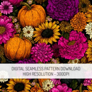 Pumpkin Floral Seamless Pattern PNG Digital Download, Fall Flowers Repeat Pattern, Halloween Pumpkin Patch Clipart, Autumn Digital Paper