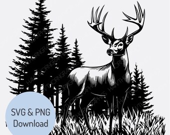 May include: Black and white illustration of a deer with large antlers standing in a forest. The deer is facing to the right and has a detailed, textured appearance. The forest is made up of tall, thin trees.