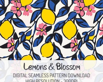 Summer Lemons Seamless Pattern PNG Digital Download, Mediterranean Repeat Pattern, Summer Clipart PNG, Preppy Spring Floral Yellow Pink Blue