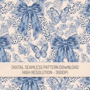 May include: Digital seamless pattern featuring blue bows, butterflies, and floral elements on a cream background. The design includes a leopard print pattern. The text "DIGITAL SEAMLESS PATTERN DOWNLOAD HIGH RESOLUTION - 300DPI" is displayed.