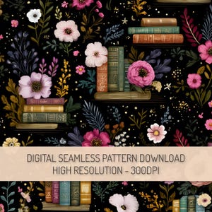 Puede incluir: Patrón digital sin costuras con flores rosas, blancas y amarillas y pilas de libros sobre un fondo negro. El diseño incluye el texto: "DIGITAL SEAMLESS PATTERN DOWNLOAD HIGH RESOLUTION - 300DPI."