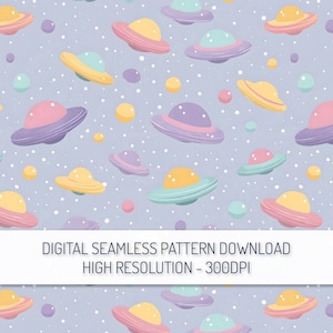 Puede incluir: Un patrón digital sin costuras con ovnis de dibujos animados en tonos rosa, amarillo, morado y verde azulado sobre un fondo azul claro con puntos blancos. Se muestra el texto "DIGITAL SEAMLESS PATTERN DOWNLOAD HIGH RESOLUTION - 300DPI".