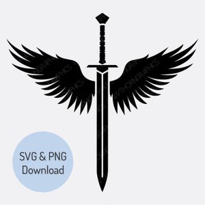 May include: Black sword with stylized wings. The sword has a detailed hilt and a sharp blade. The wings are spread wide, creating a symmetrical design. The image includes the text "SVG & PNG Download" in a light blue circle.