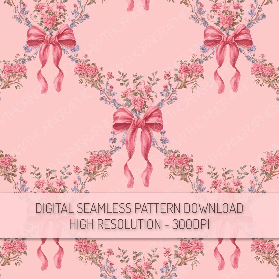 Pimk Rococo Pattern Vintage Rococo Floral Seamless Pattern, Pink Coquette Bow PNG Digital ...