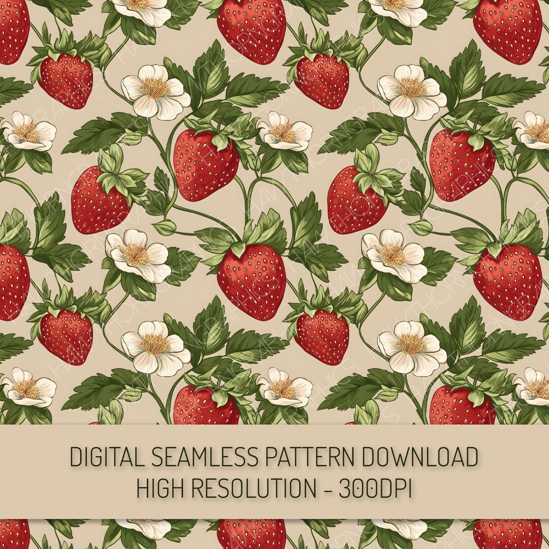 Strawberry Floral Seamless Pattern PNG Digital Download, Fruit ...