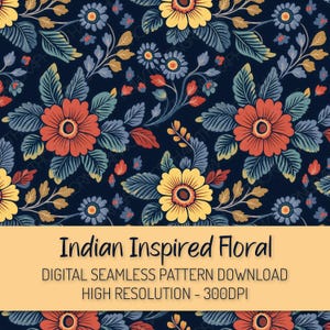 Vintage Indian Floral Seamless Pattern PNG Digital Download, Repeat Flower Pattern, Dark Flower Wallpaper, Digital Paper, Folk Art Pattern