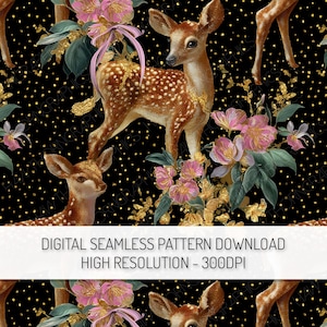 Puede incluir: Patrón digital sin costuras con ciervos moteados, flores rosas y detalles dorados sobre fondo negro. El texto "DIGITAL SEAMLESS PATTERN DOWNLOAD HIGH RESOLUTION - 300DPI" se muestra en la parte inferior de la imagen.