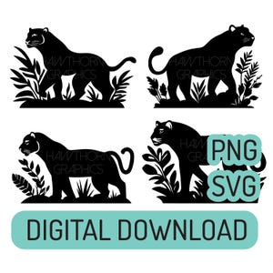 Black Panther Vector SVG PNG Digital Download, Mountain Lion Clipart Cougar Stencil, Big Cat Silhouette, Nature Animal Clip Art for Crafting