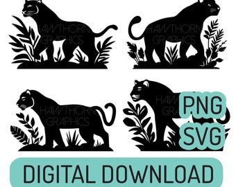 May include: Four black silhouette images of panthers with jungle foliage. The panthers are in various poses. The text "PNG SVG" is in a white box with a teal border. The text "DIGITAL DOWNLOAD" is in a teal box.