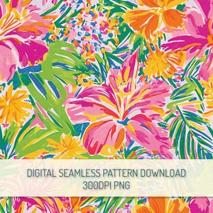 Tropical Floral Seamless Pattern PNG Digital Download Maximalist Watercolor Repeat Pattern, Hawaiian Hibiscus Flower Preppy Vibrant Pattern