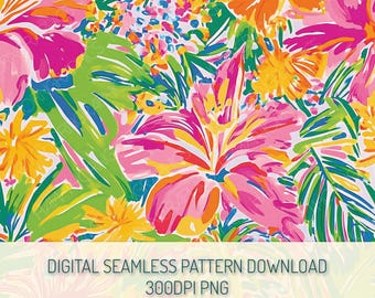 Tropical Floral Seamless Pattern PNG Digital Download Maximalist Watercolor Repeat Pattern, Hawaiian Hibiscus Flower Preppy Vibrant Pattern