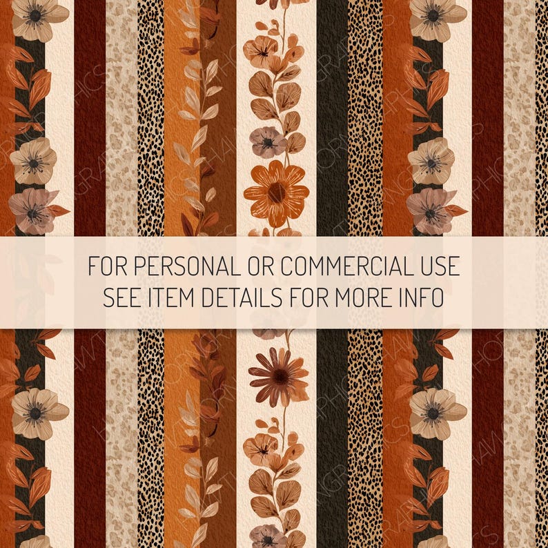 Autumn Floral Stripe Seamless Pattern PNG Digital Download, Boho Fall Flowers Repeat Pattern, Animal Print Fall Clipart, Digital Paper image 2