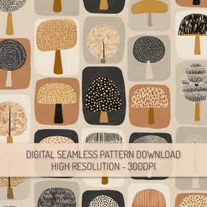 Può includere: Motivo digitale senza cuciture con alberi stilizzati nei toni del marrone, nero e beige. Gli alberi hanno diverse trame e forme, su uno sfondo neutro. Il testo "DIGITAL SEAMLESS PATTERN DOWNLOAD HIGH RESOLUTION - 300DPI" è visualizzato.
