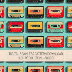 Cassette Tapes Seamless Pattern PNG Digital Download, Repeat Pattern Design for Music Lovers, Retro Vintage Music Clipart, Digital Paper