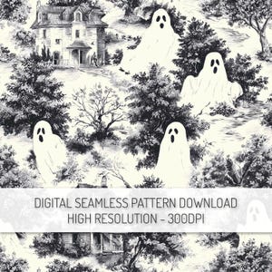 Spökhus Toile Seamless Mönster PNG Digital Nedladdning, Spöklikt Halloween Spöke Upprepningsmönster, Halloween Spöke Digital Paper Clipart
